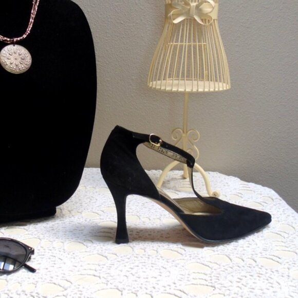 Vintage Style Martinez Valero Black Suede Sexy T Strap Heels 8.5 AA - Picture 2 of 8